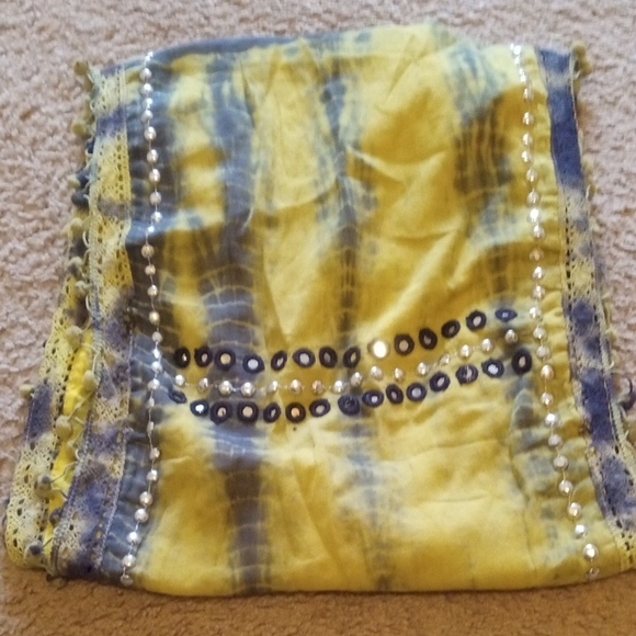 Yellow and Blue Beaded Countrywestern Boho 100% Cotton Scarf - Picture 2 of 7